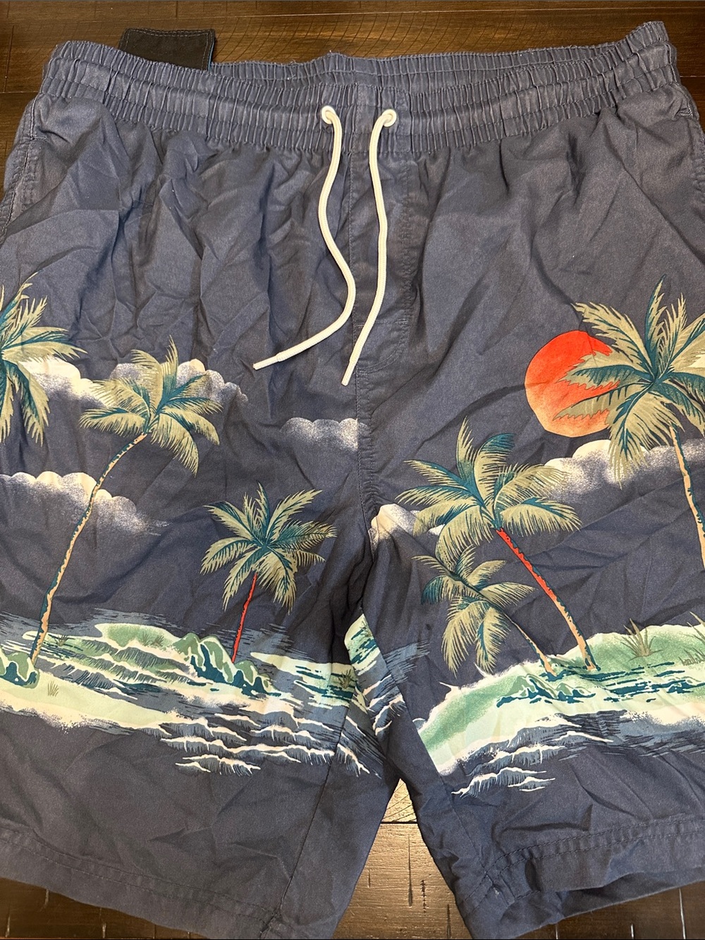 Old Navy Navy Palm & Sunset Print Swim Trunks